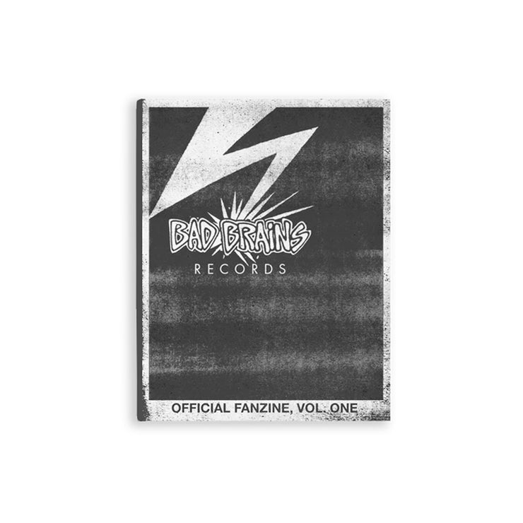 grey fanzine against white background. it is white and black/grey and says "bad brains records" at the top with a lightning bolt above it. the bottom says "official fanzine, vol one".