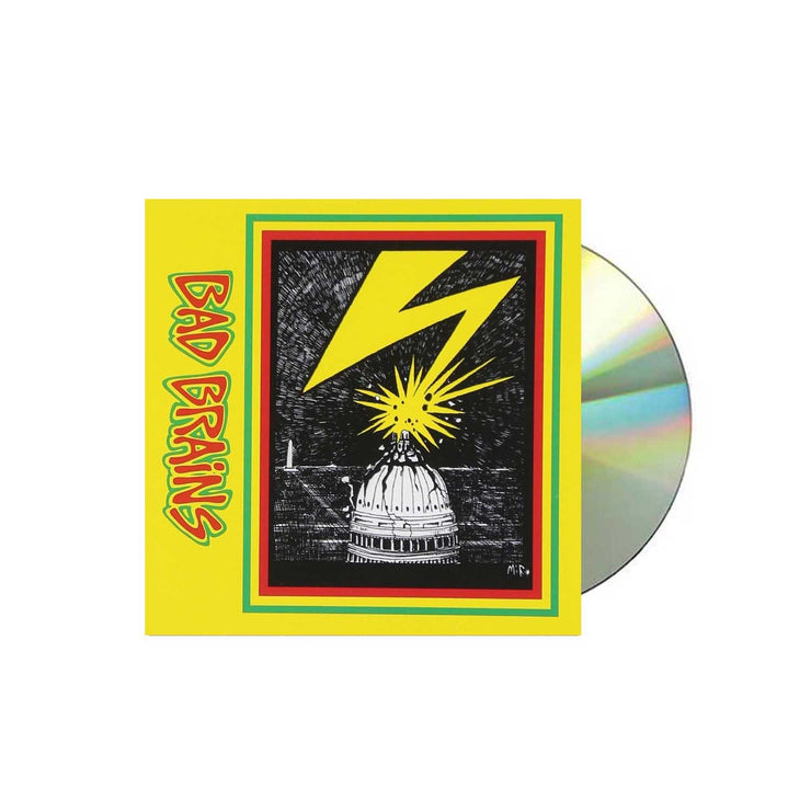 Photo of a cd sleeve and cd against a white background. The cd is a silver standard cd color. The album sleeve artwork is yellow and on the left side going down the image is a sideways lettering that says Bad Brains. The letters are red and outlined in yellow, and then outlined again in green. On the right side of the artwork is a rectangle with the same red, yellow, green outline. Inside the outlines is a black and white drawn image of the Capitol Building being struck by yellow lightning.