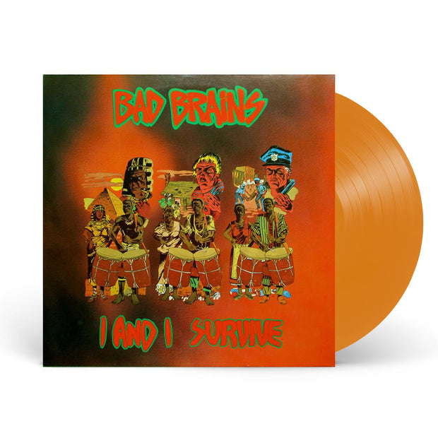 Image of a vinyl sleeve and orange vinyl against a white background. The album artwork on the sleeve is a Photo of the Bad Brains- I and I survive album artwork. The background is black and red. The top says Bad brains in red text and is outlined in green. The bottom says I and I survive in red text and is outlined in green. The middle of the artwork features graphics of pyramids, a house, 3 people's faces up close, and 6 men and women playing drums barefoot.
