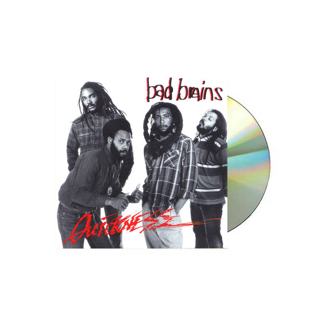 Photo of a the bad brains quickness cd sleeve and silver cd against a white background. The artwork is a black and white image of the 4 band members. two band members on the left look at the camera, not smiling. One has his hands in his pockets while the other does a thumbs up. The third member has his hands in his pockets. The fourth member has his eyes closed as if he is asleep. The top right in black writing with a red outline says bad brains. The bottom left in red writing says quickness.